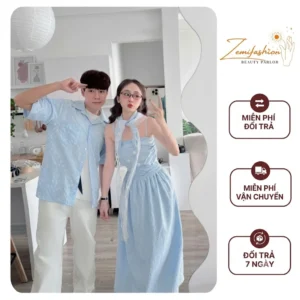 Set Caro Xanh Sọc Nhỏ Váy Dài